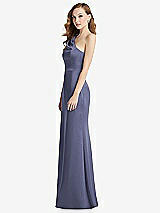 Side View Thumbnail - French Blue Shirred One-Shoulder Satin Trumpet Dress - Maddie