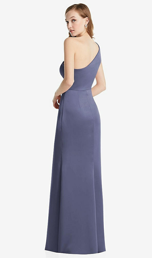 Back View - French Blue Shirred One-Shoulder Satin Trumpet Dress - Maddie