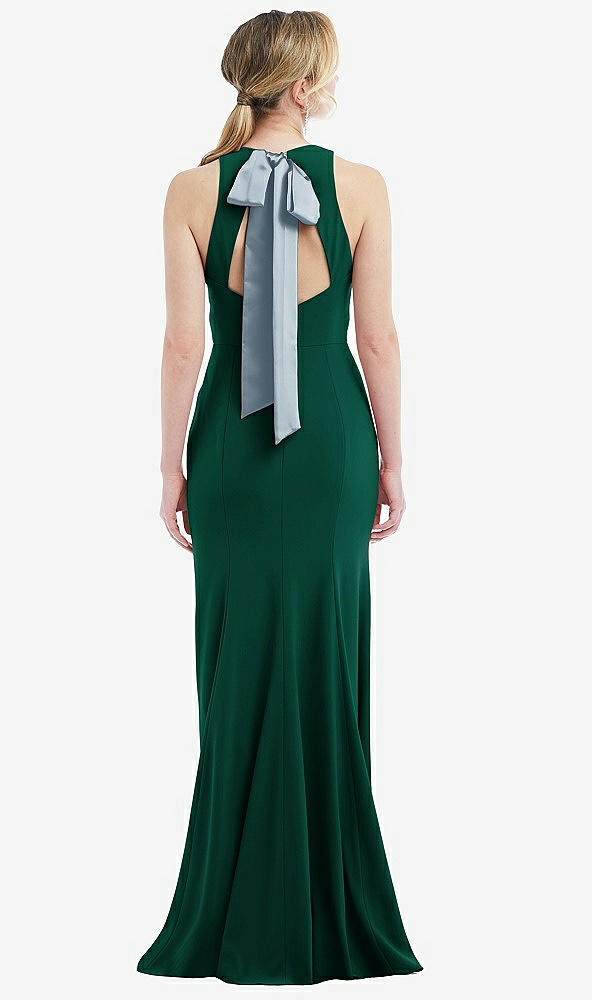 Front View - Hunter Green & Mist Cutout Open-Back Halter Maxi Dress with Scarf Tie