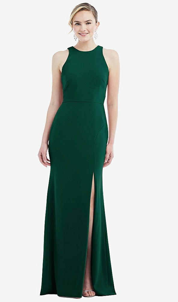 Back View - Hunter Green & Mist Cutout Open-Back Halter Maxi Dress with Scarf Tie