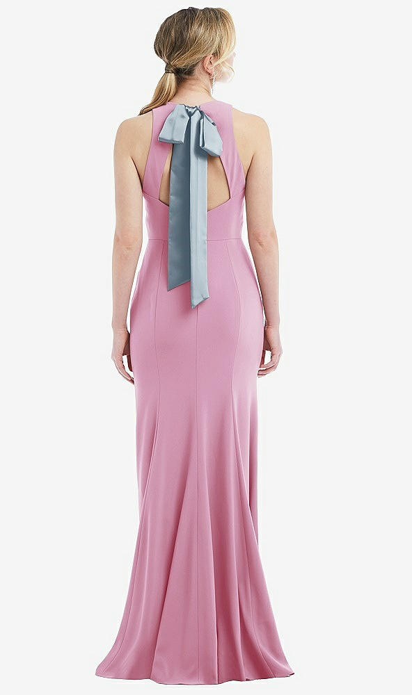 Front View - Powder Pink & Mist Cutout Open-Back Halter Maxi Dress with Scarf Tie