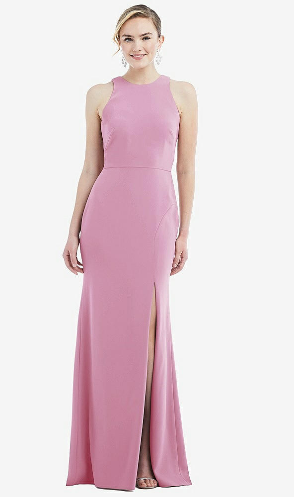 Back View - Powder Pink & Mist Cutout Open-Back Halter Maxi Dress with Scarf Tie