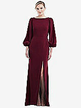 Rear View Thumbnail - Cabernet & Evergreen Bishop Sleeve Open-Back Trumpet Gown with Scarf Tie