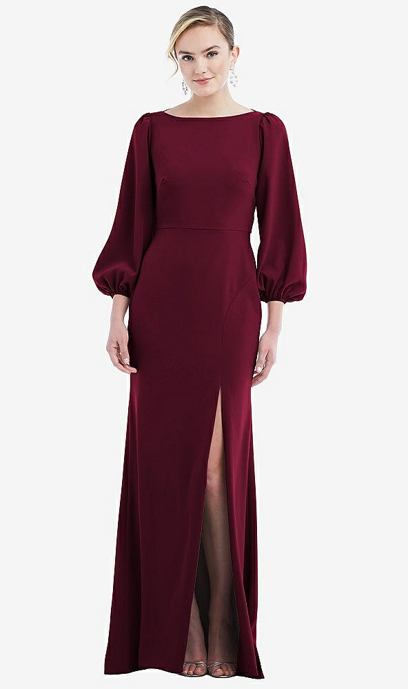 Back View - Cabernet & Evergreen Bishop Sleeve Open-Back Trumpet Gown with Scarf Tie