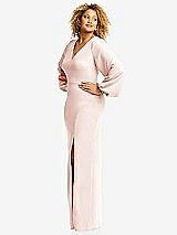 Side View Thumbnail - Blush Long Puff Sleeve V-Neck Trumpet Gown