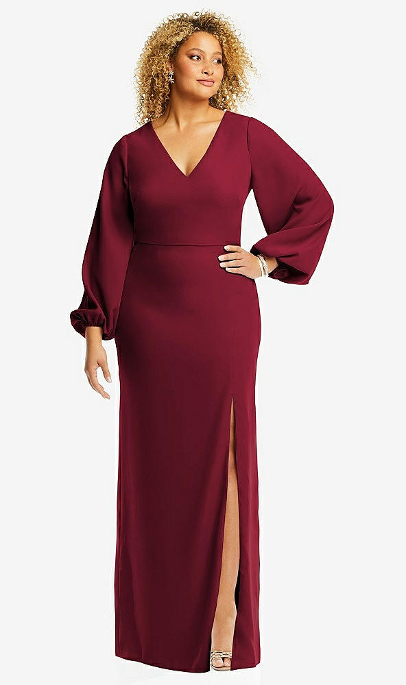 Front View - Burgundy Long Puff Sleeve V-Neck Trumpet Gown