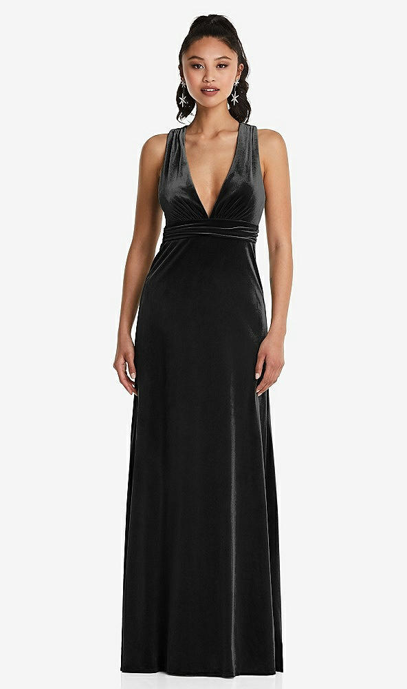 Front View - Black Plunging Neckline Velvet Maxi Dress with Criss Cross Open-Back