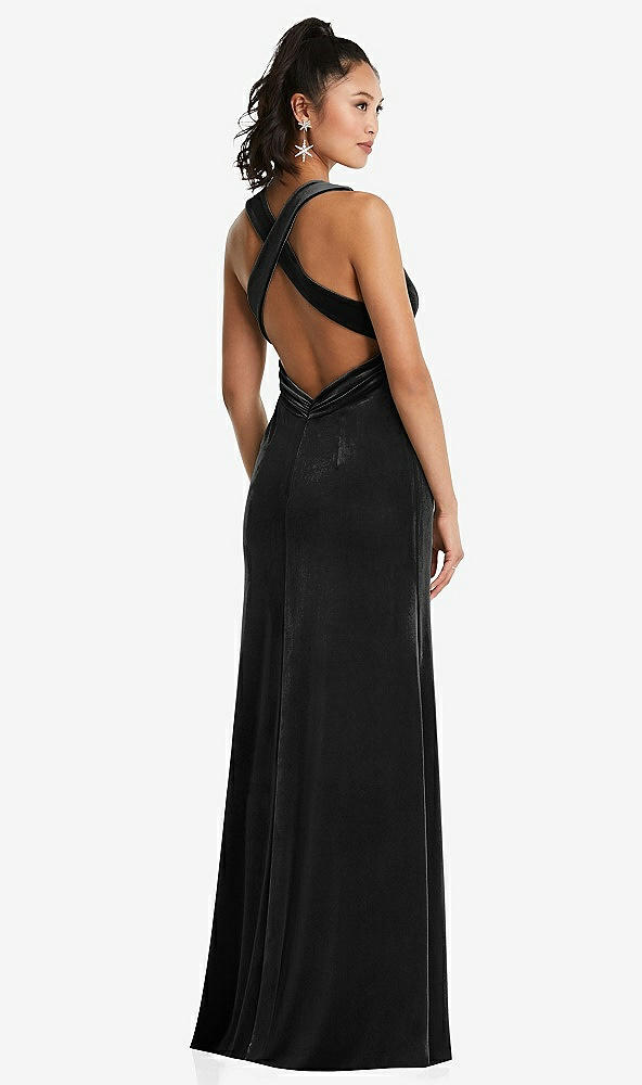 Back View - Black Plunging Neckline Velvet Maxi Dress with Criss Cross Open-Back