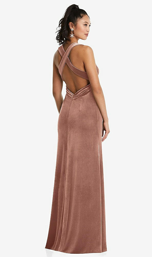 Back View - Tawny Rose Plunging Neckline Velvet Maxi Dress with Criss Cross Open-Back