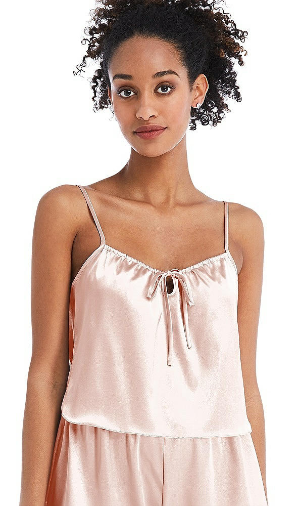 Front View - Blush Drawstring Neck Satin Cami with Bow Detail - Nyla