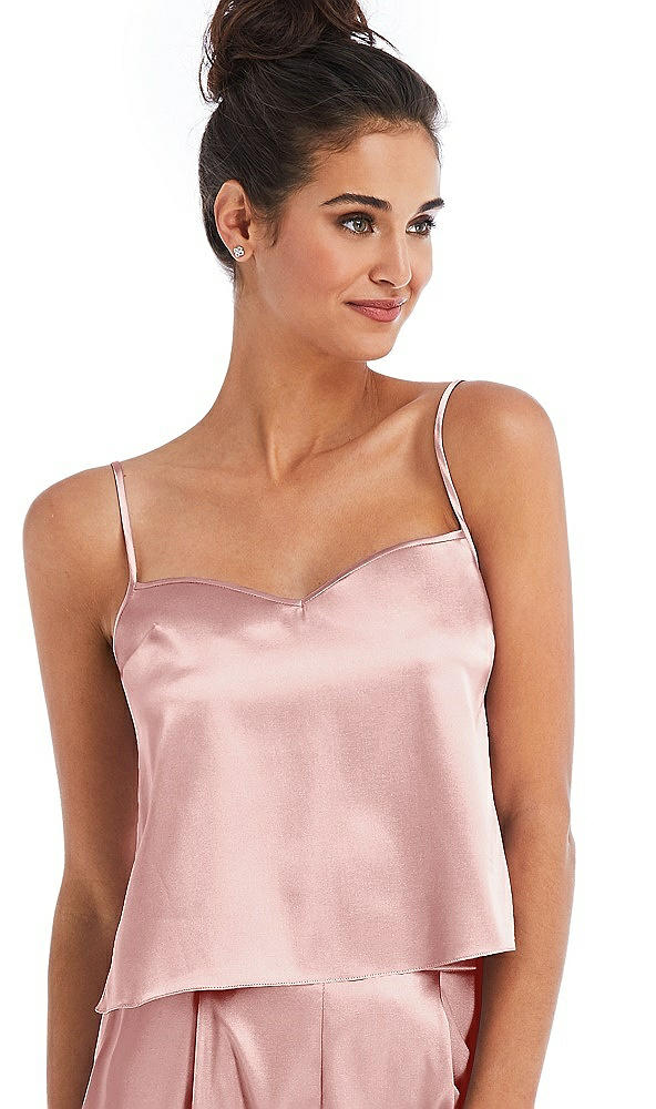 Front View - Rose - PANTONE Rose Quartz Split Back Satin Cami Top with Slim Straps