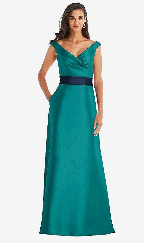 Front View - Jade & Midnight Navy Off-the-Shoulder Draped Wrap Satin Maxi Dress