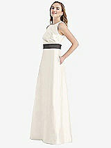 Side View Thumbnail - Ivory & Caviar Gray High-Neck Asymmetrical Shirred Satin Maxi Dress with Pockets