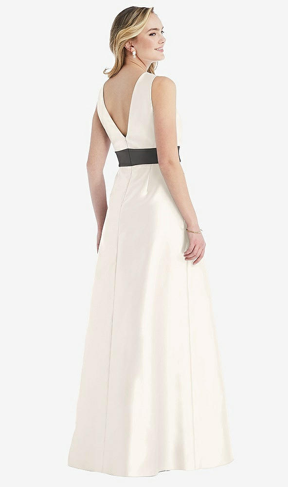 Back View - Ivory & Caviar Gray High-Neck Asymmetrical Shirred Satin Maxi Dress with Pockets