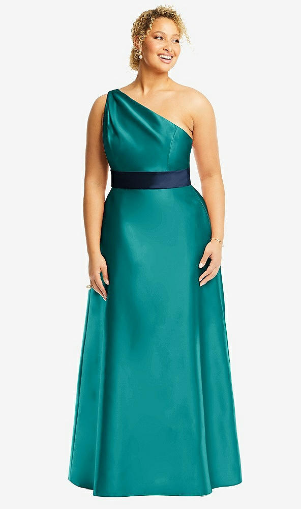 Front View - Jade & Midnight Navy Draped One-Shoulder Satin Maxi Dress with Pockets