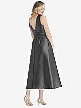 Rear View Thumbnail - Pewter & Pewter High-Neck Asymmetrical Shirred Satin Midi Dress with Pockets