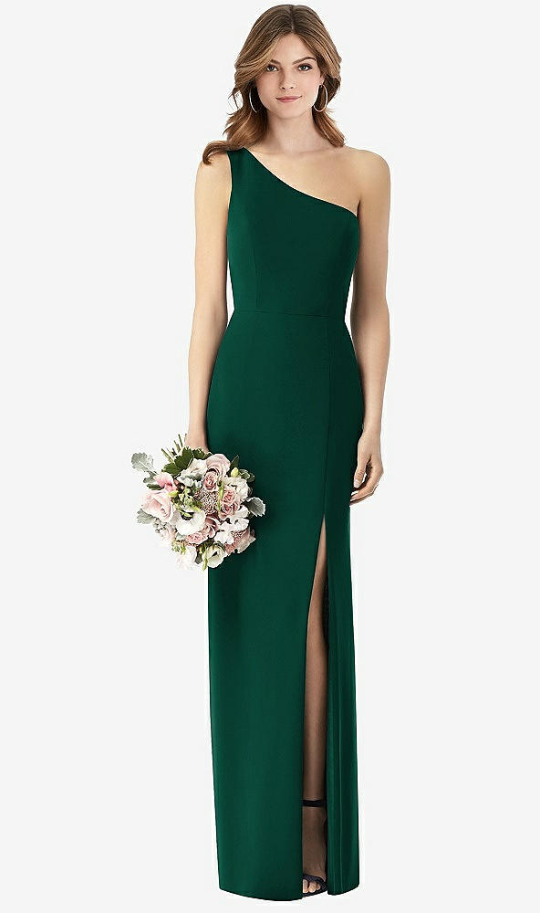 Front View - Hunter Green One-Shoulder Crepe Trumpet Gown with Front Slit