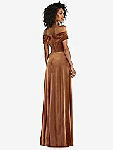 Rear View Thumbnail - Golden Almond Draped Cuff Off-the-Shoulder Velvet Maxi Dress with Pockets