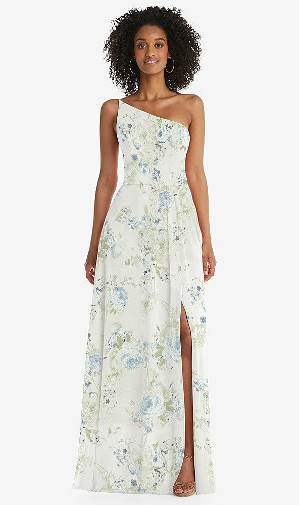 Front View - Bleu Garden One-Shoulder Chiffon Maxi Dress with Shirred Front Slit