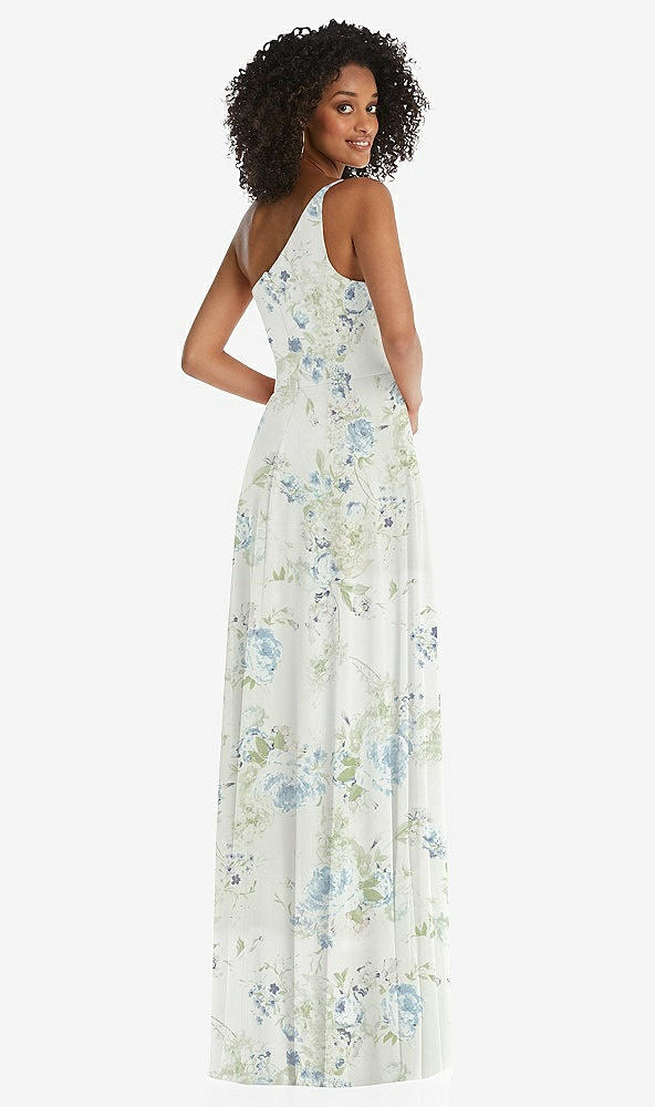 Back View - Bleu Garden One-Shoulder Chiffon Maxi Dress with Shirred Front Slit