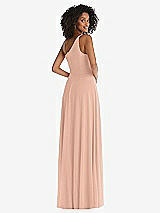 Rear View Thumbnail - Pale Peach One-Shoulder Chiffon Maxi Dress with Shirred Front Slit
