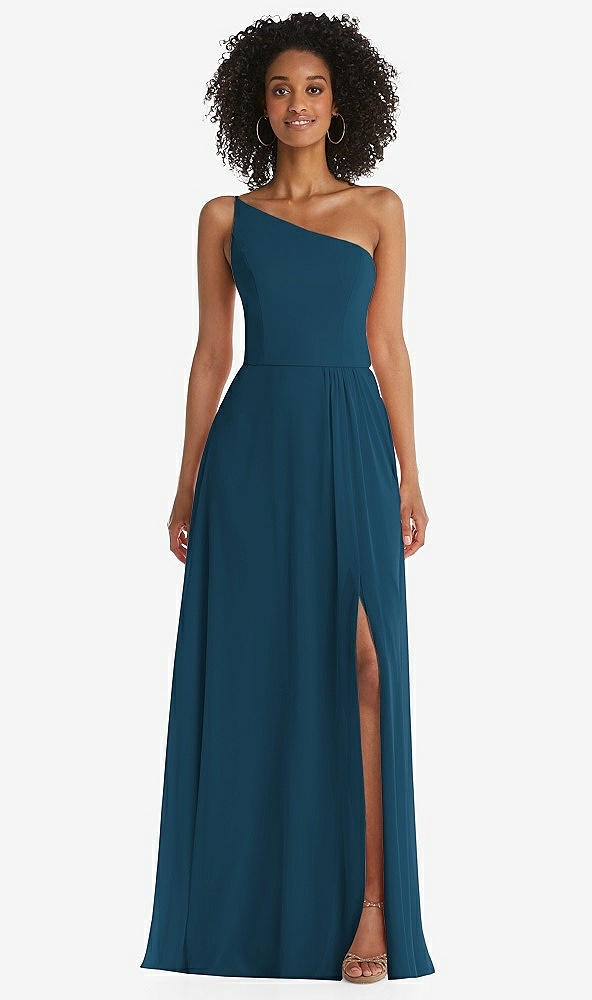 Front View - Atlantic Blue One-Shoulder Chiffon Maxi Dress with Shirred Front Slit
