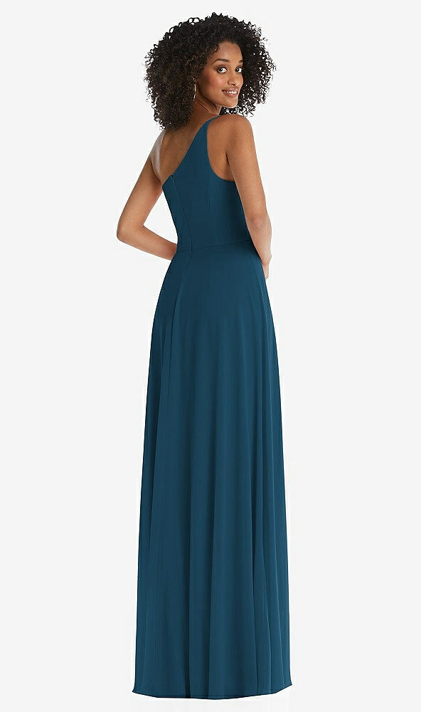 Back View - Atlantic Blue One-Shoulder Chiffon Maxi Dress with Shirred Front Slit