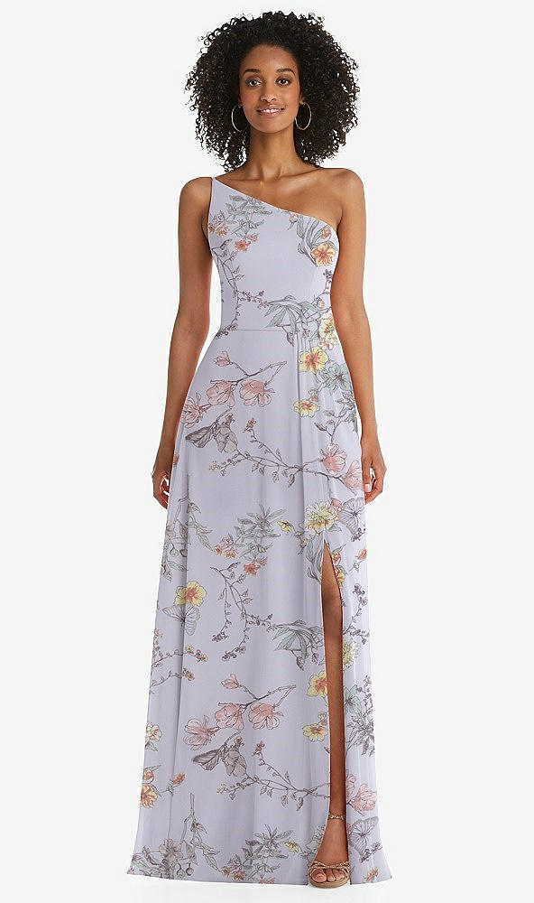Front View - Butterfly Botanica Silver Dove One-Shoulder Chiffon Maxi Dress with Shirred Front Slit