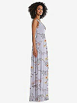 Side View Thumbnail - Butterfly Botanica Silver Dove One-Shoulder Chiffon Maxi Dress with Shirred Front Slit