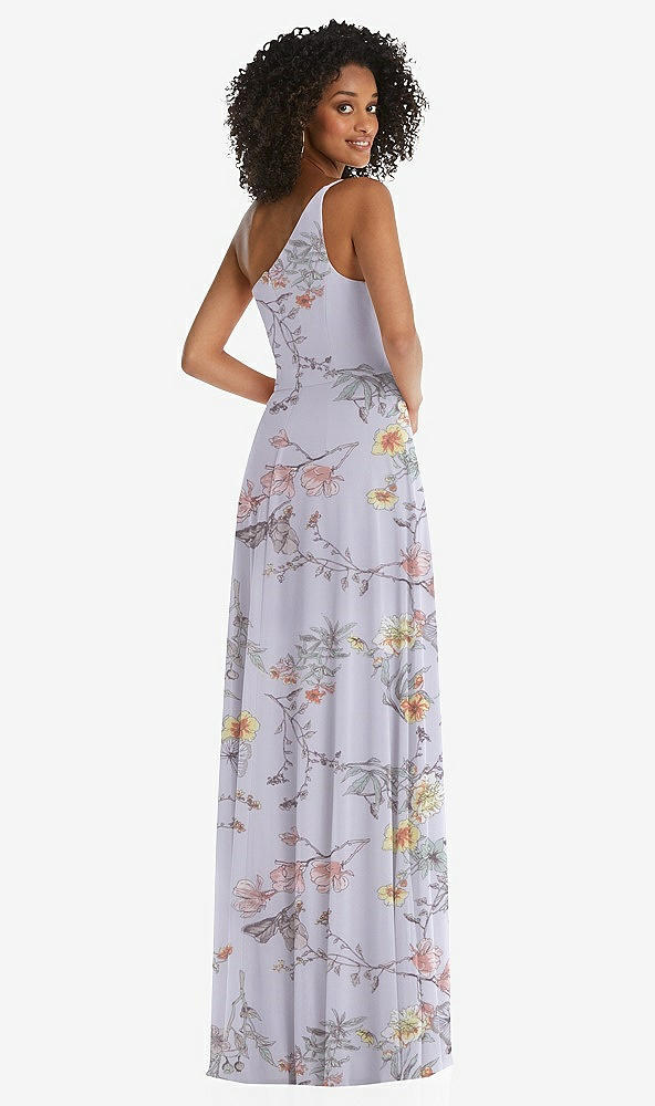 Back View - Butterfly Botanica Silver Dove One-Shoulder Chiffon Maxi Dress with Shirred Front Slit