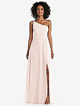 Front View Thumbnail - Blush One-Shoulder Chiffon Maxi Dress with Shirred Front Slit