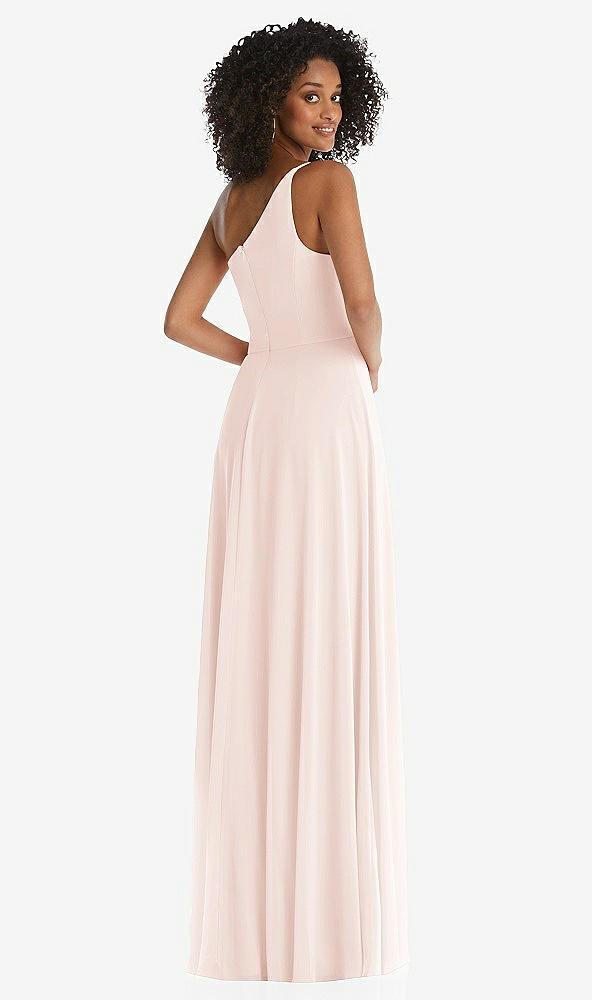 Back View - Blush One-Shoulder Chiffon Maxi Dress with Shirred Front Slit