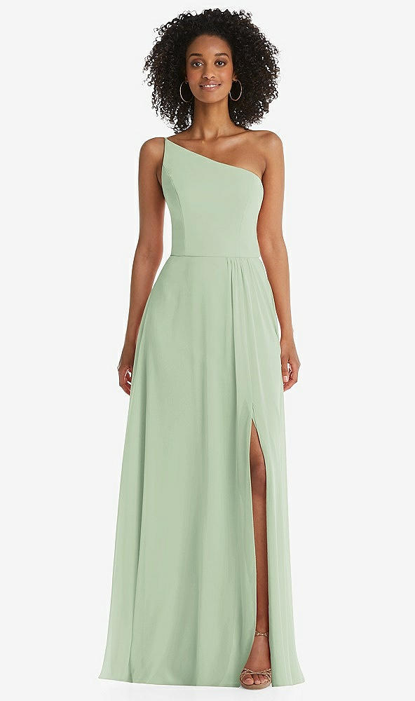 Front View - Celadon One-Shoulder Chiffon Maxi Dress with Shirred Front Slit