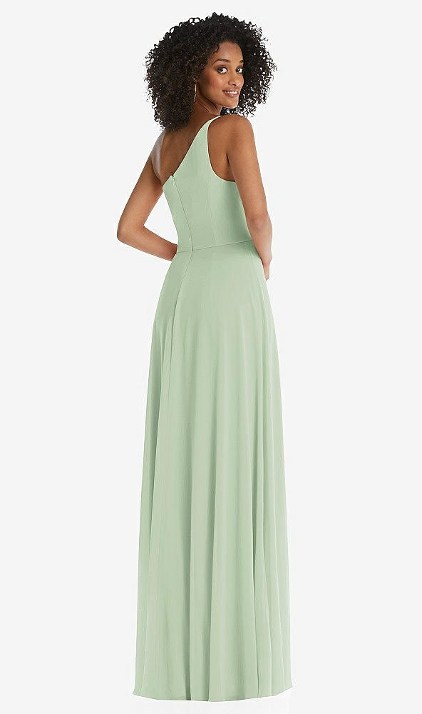 Back View - Celadon One-Shoulder Chiffon Maxi Dress with Shirred Front Slit