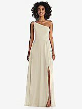Front View Thumbnail - Champagne One-Shoulder Chiffon Maxi Dress with Shirred Front Slit