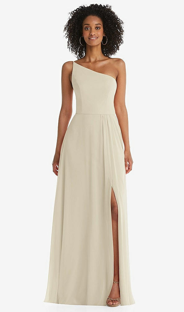 Front View - Champagne One-Shoulder Chiffon Maxi Dress with Shirred Front Slit