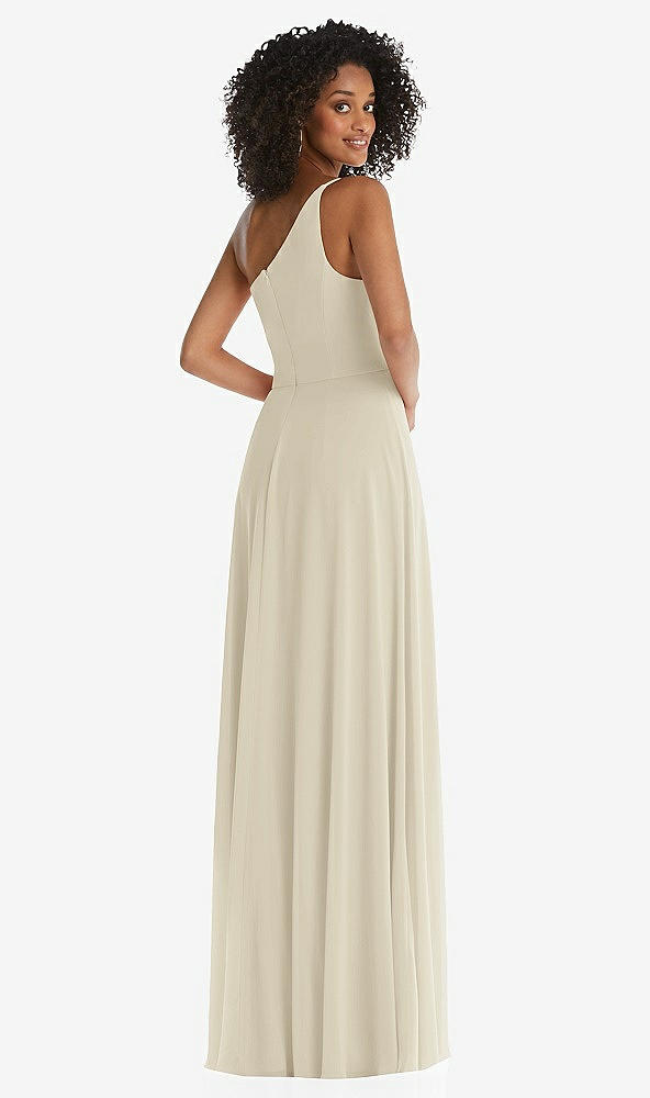 Back View - Champagne One-Shoulder Chiffon Maxi Dress with Shirred Front Slit