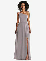 Front View Thumbnail - Cashmere Gray One-Shoulder Chiffon Maxi Dress with Shirred Front Slit