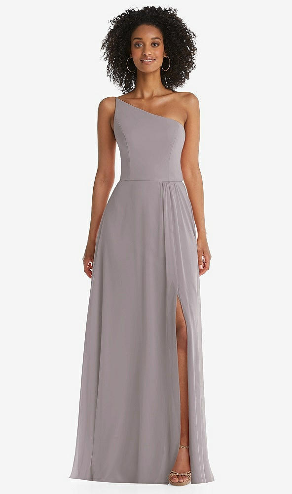 Front View - Cashmere Gray One-Shoulder Chiffon Maxi Dress with Shirred Front Slit