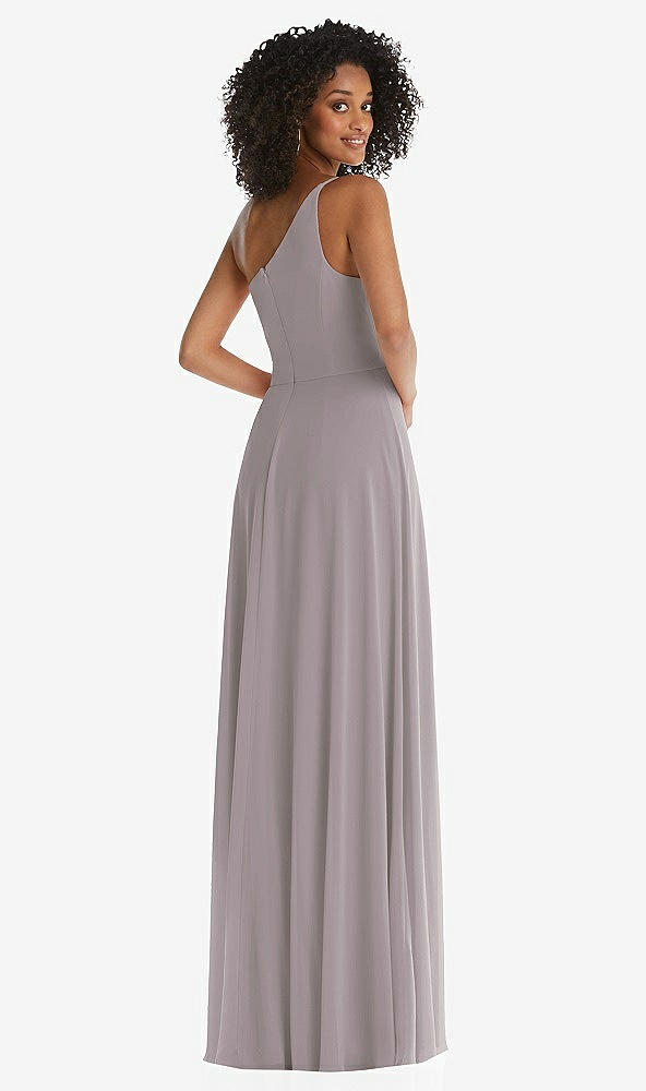 Back View - Cashmere Gray One-Shoulder Chiffon Maxi Dress with Shirred Front Slit