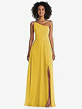 Front View Thumbnail - Marigold One-Shoulder Chiffon Maxi Dress with Shirred Front Slit