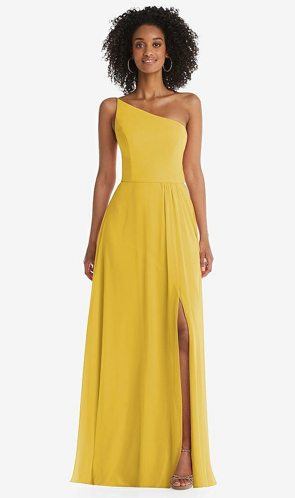 Front View - Marigold One-Shoulder Chiffon Maxi Dress with Shirred Front Slit