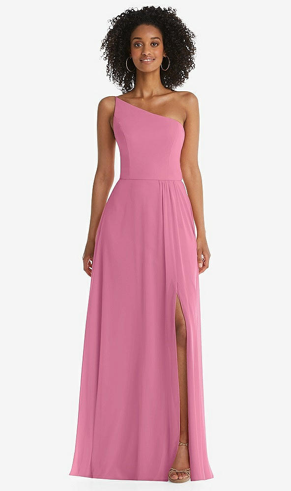 Front View - Orchid Pink One-Shoulder Chiffon Maxi Dress with Shirred Front Slit