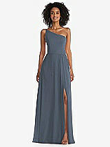 Front View Thumbnail - Silverstone One-Shoulder Chiffon Maxi Dress with Shirred Front Slit