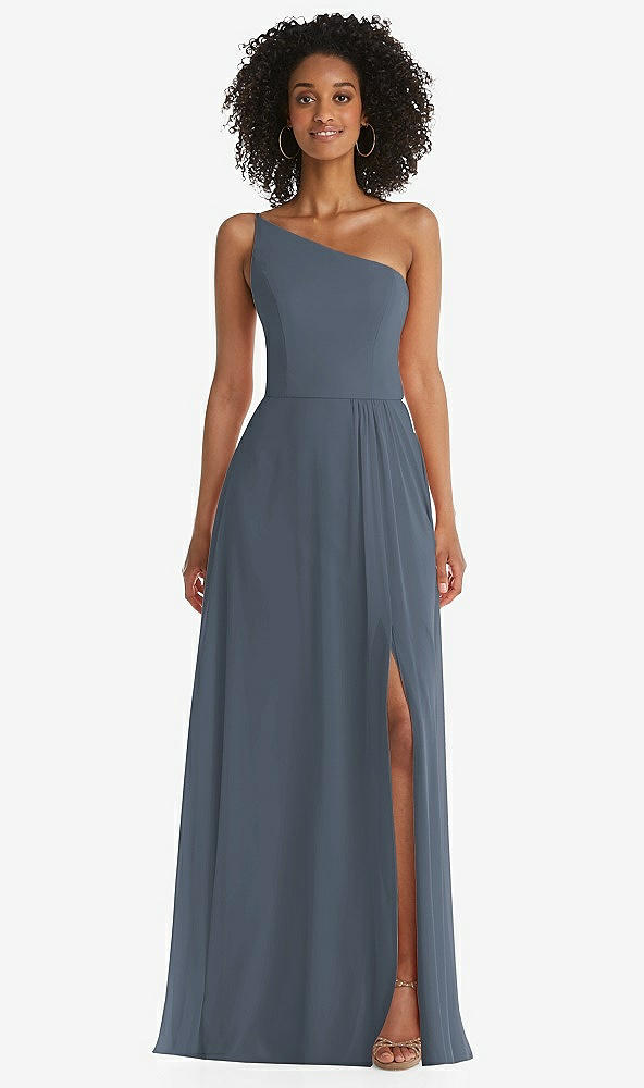 Front View - Silverstone One-Shoulder Chiffon Maxi Dress with Shirred Front Slit