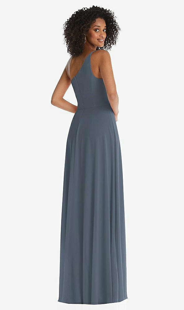 Back View - Silverstone One-Shoulder Chiffon Maxi Dress with Shirred Front Slit