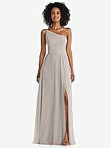 Front View Thumbnail - Taupe One-Shoulder Chiffon Maxi Dress with Shirred Front Slit
