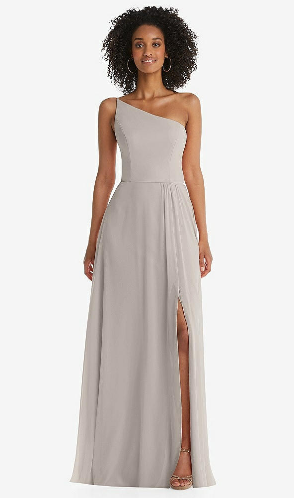 Front View - Taupe One-Shoulder Chiffon Maxi Dress with Shirred Front Slit
