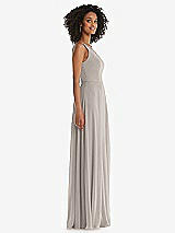 Side View Thumbnail - Taupe One-Shoulder Chiffon Maxi Dress with Shirred Front Slit