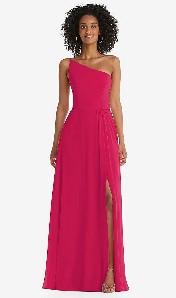 Front View - Vivid Pink One-Shoulder Chiffon Maxi Dress with Shirred Front Slit